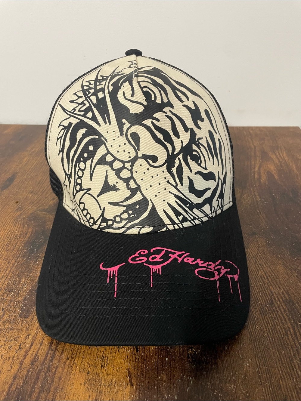 Ed Hardy unisex black & Cream Tiger Trucker Hat